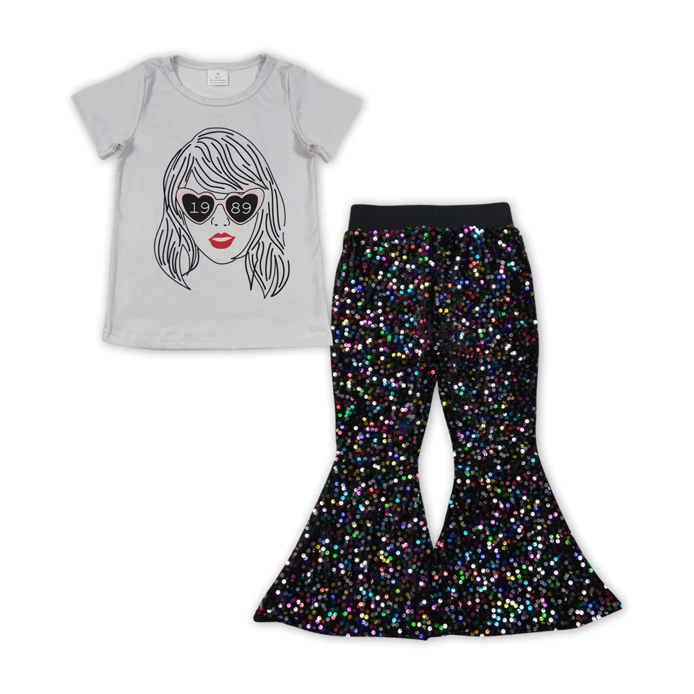 GSPO1473 Baby Girl Short Sleeves Singer Shirt Colorful Sequins Pants Set