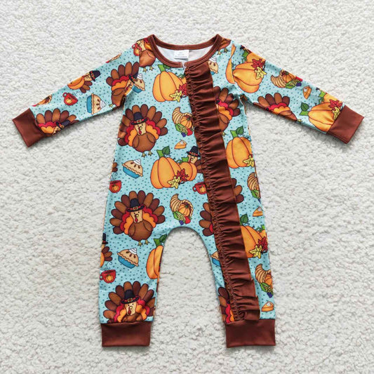 LR0580 Baby Girl Thanksgiving Long Sleeves turkey Pumpkin Pie One Piece Zipper Romper