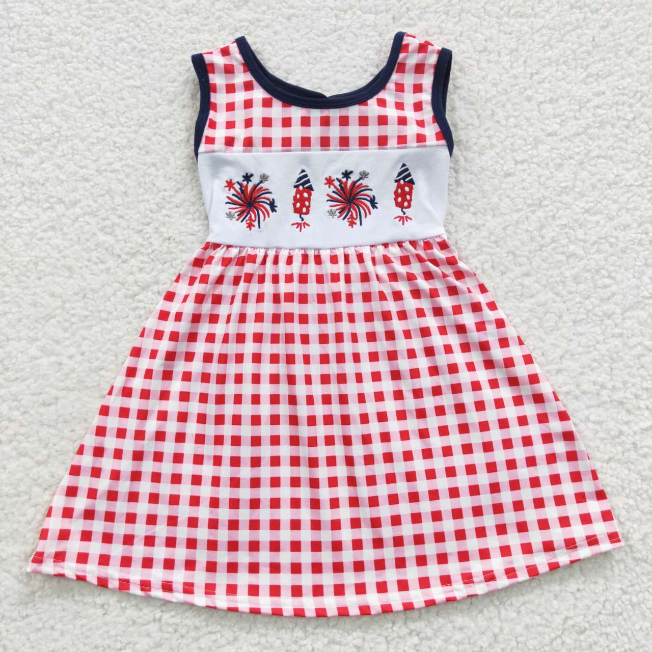 GSD0330 July 4th Baby Girl Summer Sleeveless Embroidery Red Plaid Dress