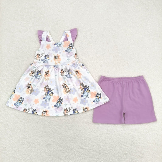 Baby Girl Sleeveless Floral Dogs Tops Purple Shorts Summer Set