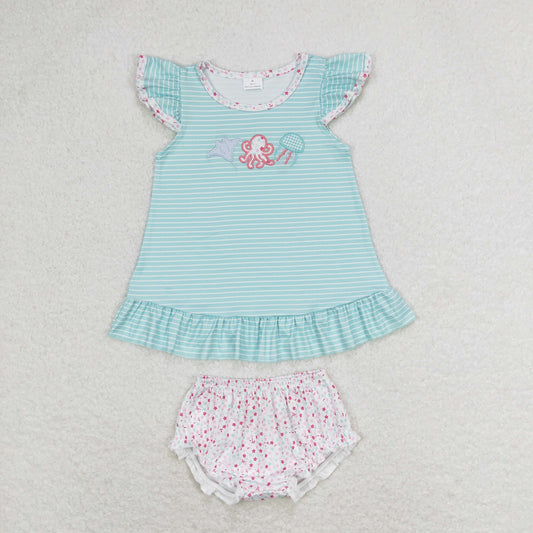Baby Girl Embroidery Octupos Stripes Tops Bummies Shorts Set