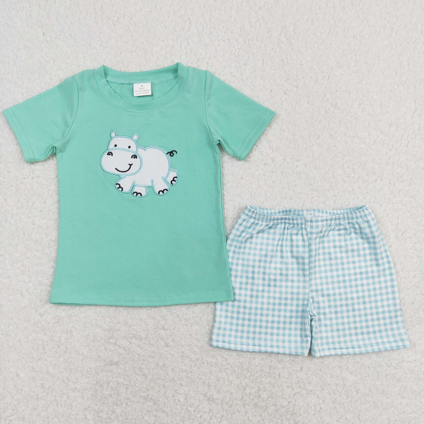 Baby Boy Short Sleeves Embroidery Hippo Shirt Plaid Pocket Shorts Set