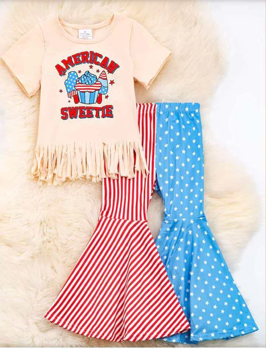 Moq 3 Pre-order GSPO1485 Baby Girl Tassels Shirt Stars Stripes Bell Pants July 4th Set