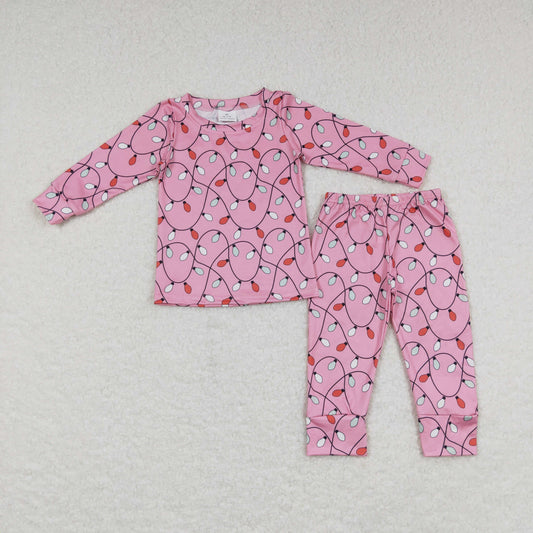 GLP0888 Baby Girl Long Sleeves Pink Pants Outfit Christmas Lights Pajamas