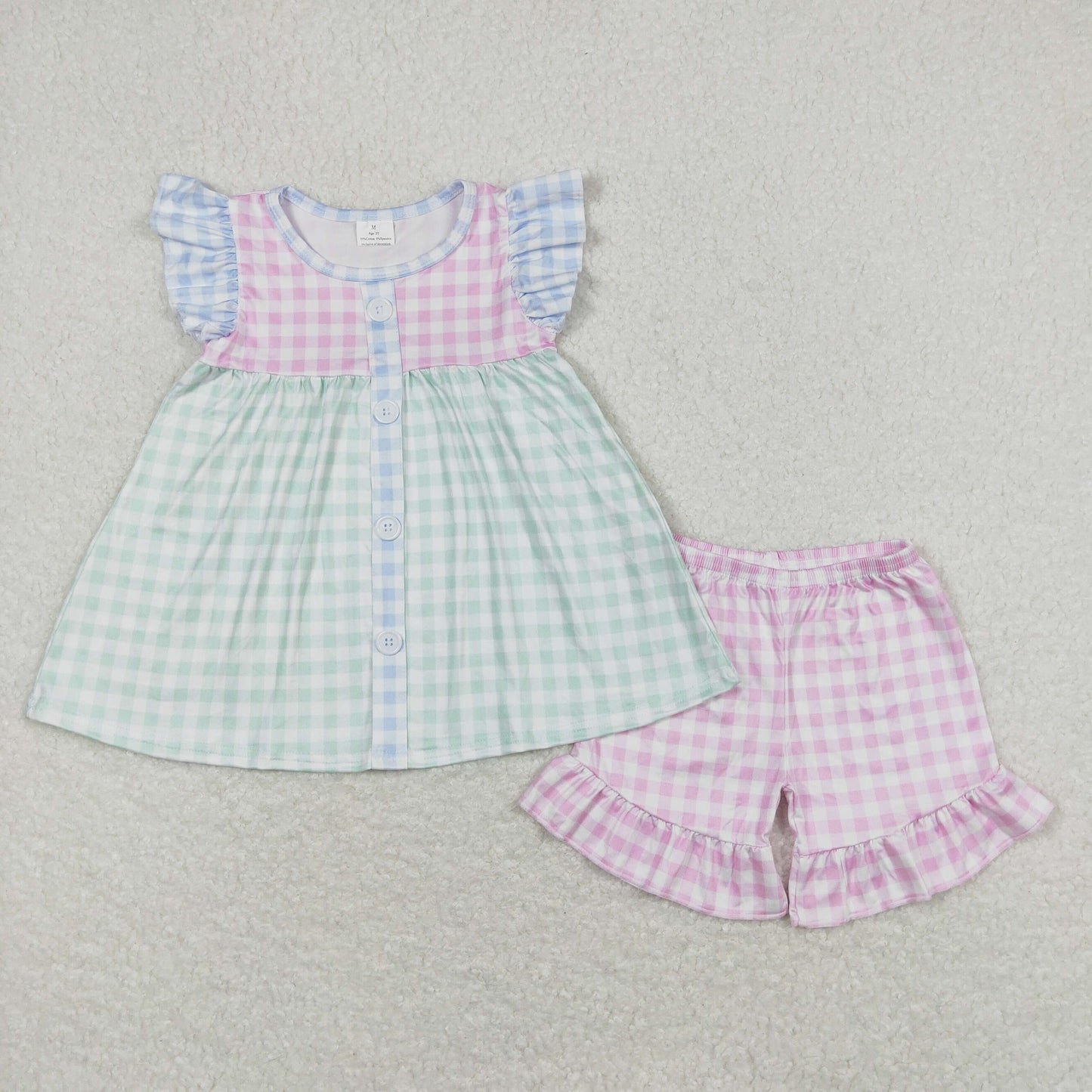 Baby Girl Short Sleeves Colorful Plaid Tunic Shorts Set