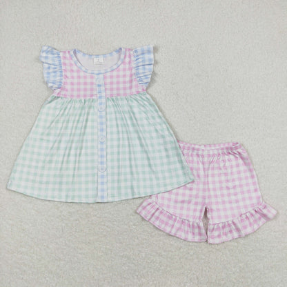 Baby Girl Short Sleeves Colorful Plaid Tunic Shorts Set