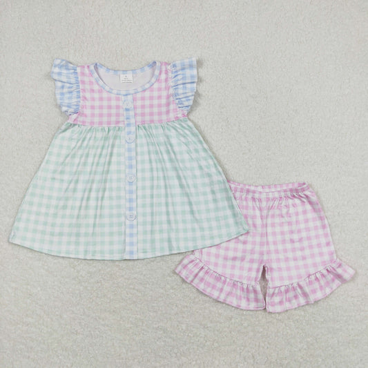 Baby Girl Short Sleeves Colorful Plaid Tunic Shorts Set