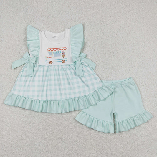 Baby Girl Short Sleeves Popsicle Car Plaid Tunic Blue Cotton Shorts Summer Set