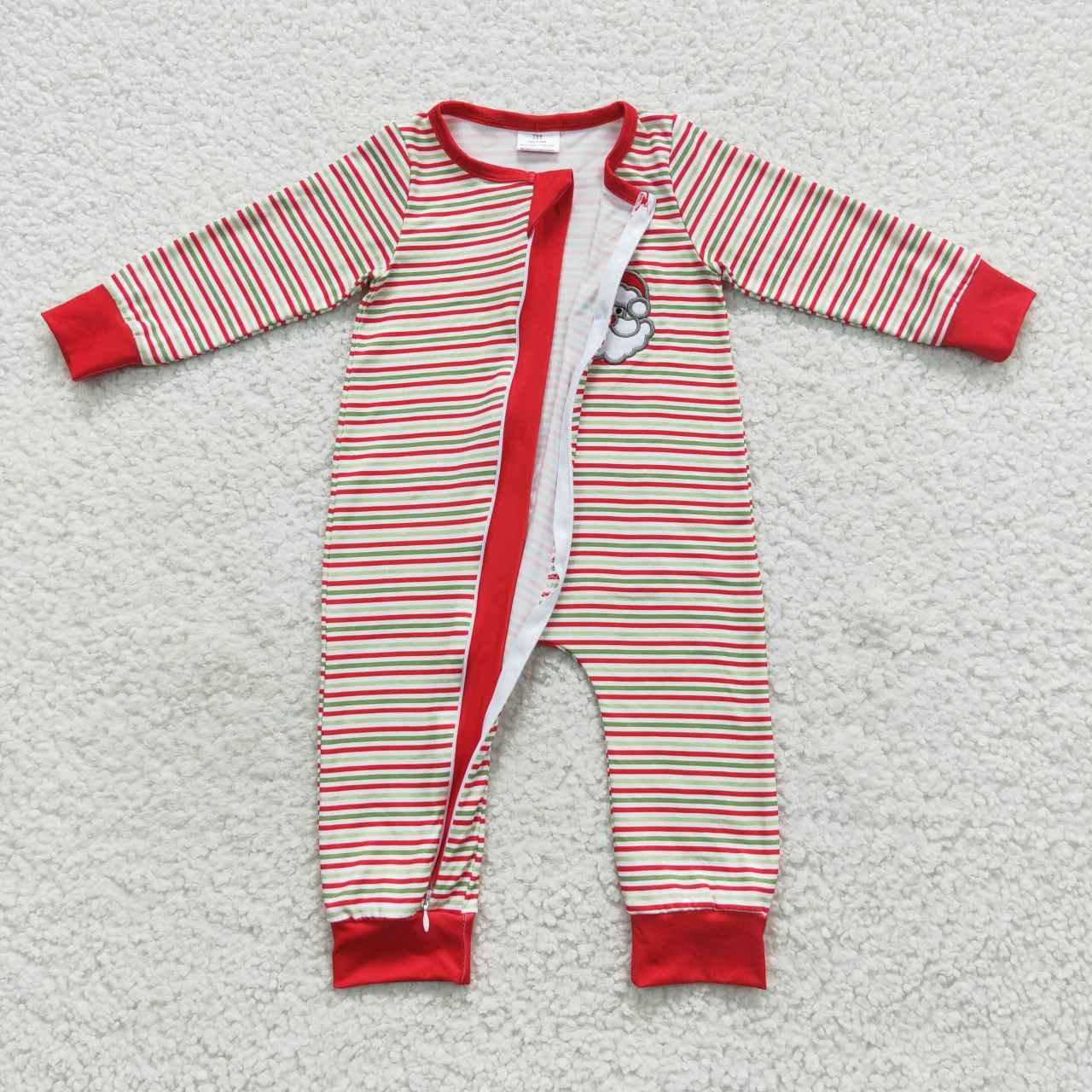 LR0442 Baby Boy Embroidery Christmas Santa Stirpes Zip Romper