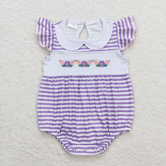 Baby Girl Embroidery Flower Summer Purple Stripes Bubble One Piece Romper