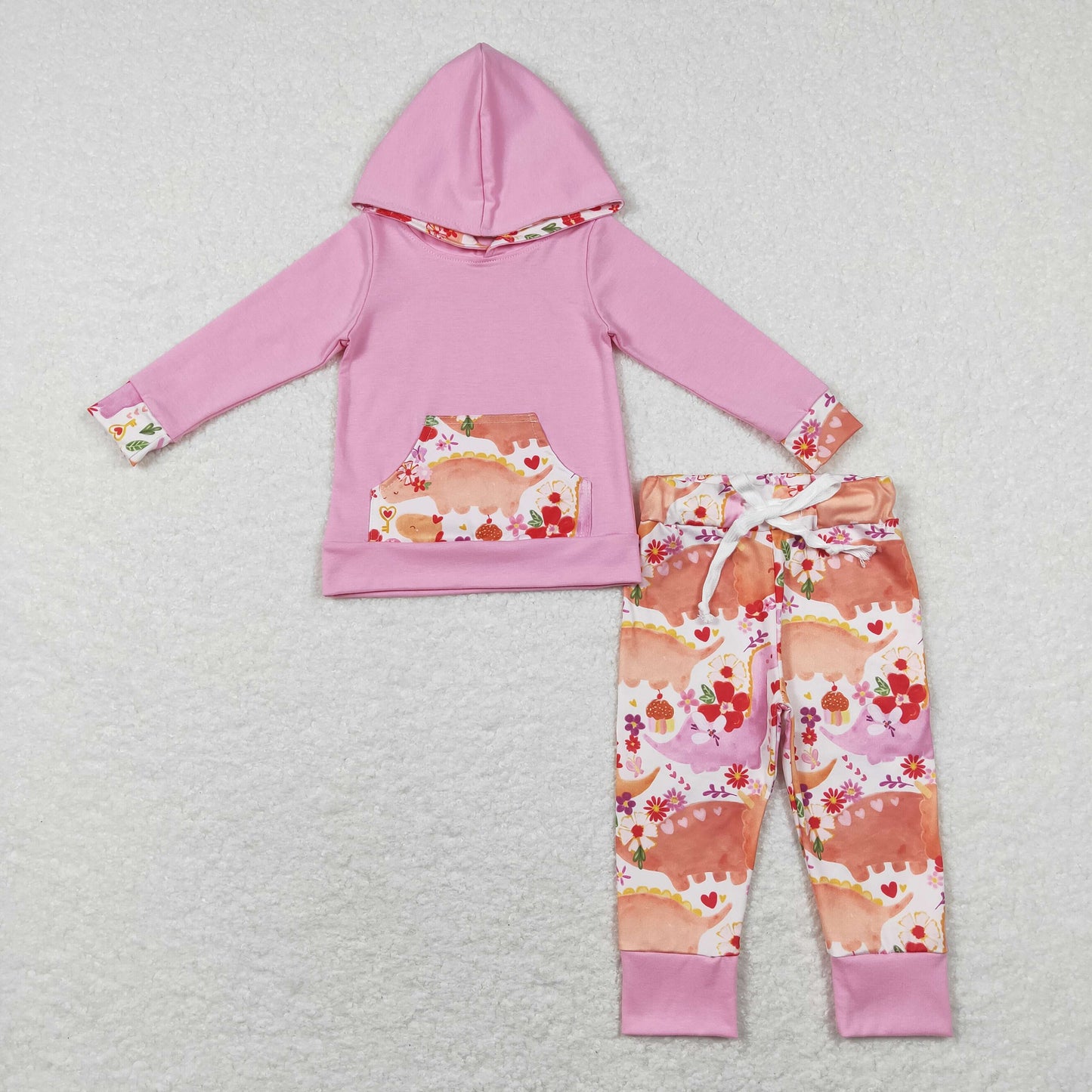 GLP0865 Baby Girl Pink Hoodie Shirt Dinosaurs Pants Valentine's Day Set