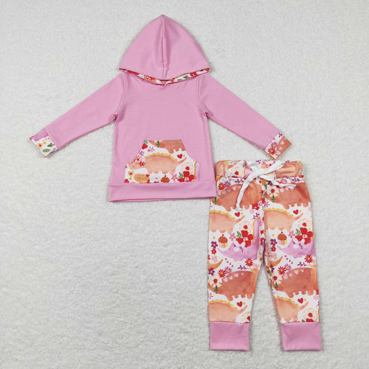 GLP0865 Baby Girl Pink Hoodie Shirt Dinosaurs Pants Valentine's Day Set