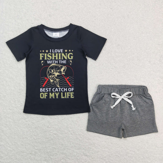 BSSO0474 Baby Boy Short Sleeves Fishing Shirt Pocket Grey Shorts Summer Set