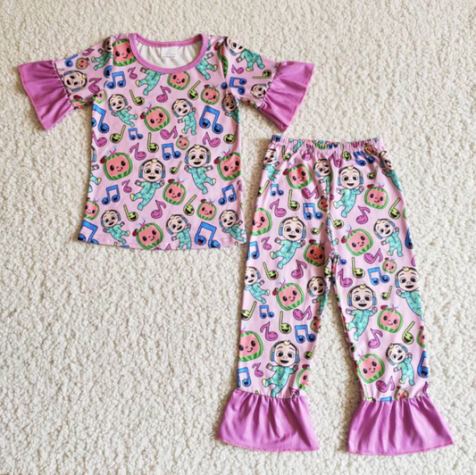 Promotion Baby Girl Short Sleeves Shirt Pants Melon Cartoon Outfit Pajamas