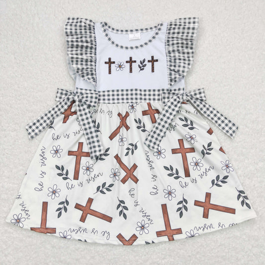 Baby Girl Easter Short Sleeves Embroidery Cross Floral Plaid Dress