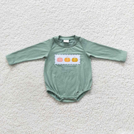 LR0451 Baby Boy Long Sleeves Embroidery Pumpkin Green Cotton One Piece Romper