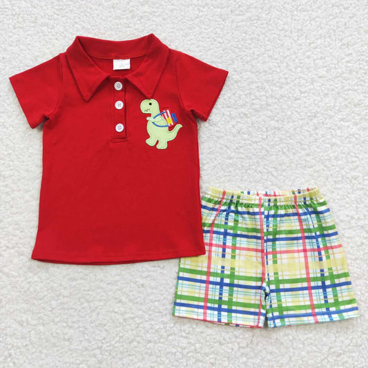 BSSO0255 Back To School Baby Boy Short Sleeves Embroidery Dinosaur Shirt Plaid Shorts Summer Outfit