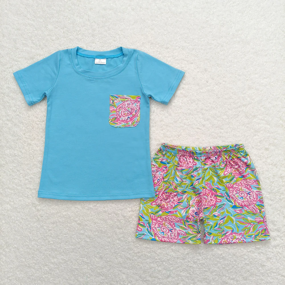 Baby Boy Short Sleeves Blue Shirt Shorts Summer Turtles Set