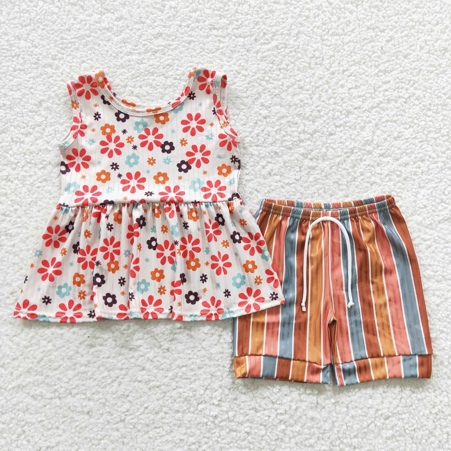 GSSO0339 Baby Girl Summer Sleeveless Floral Tops Striped Shorts Outfit