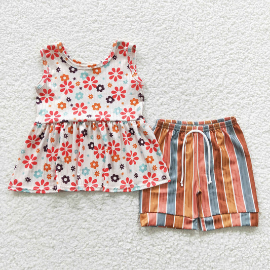 GSSO0339 Baby Girl Summer Sleeveless Floral Tops Striped Shorts Outfit