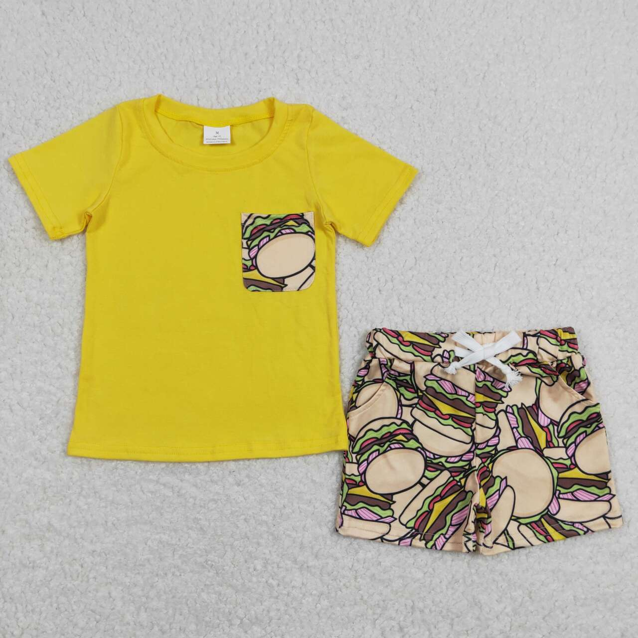 BSSO0547 Baby Boy Short Sleeves Yellow Shirt Hamburger Pocket Shorts Set