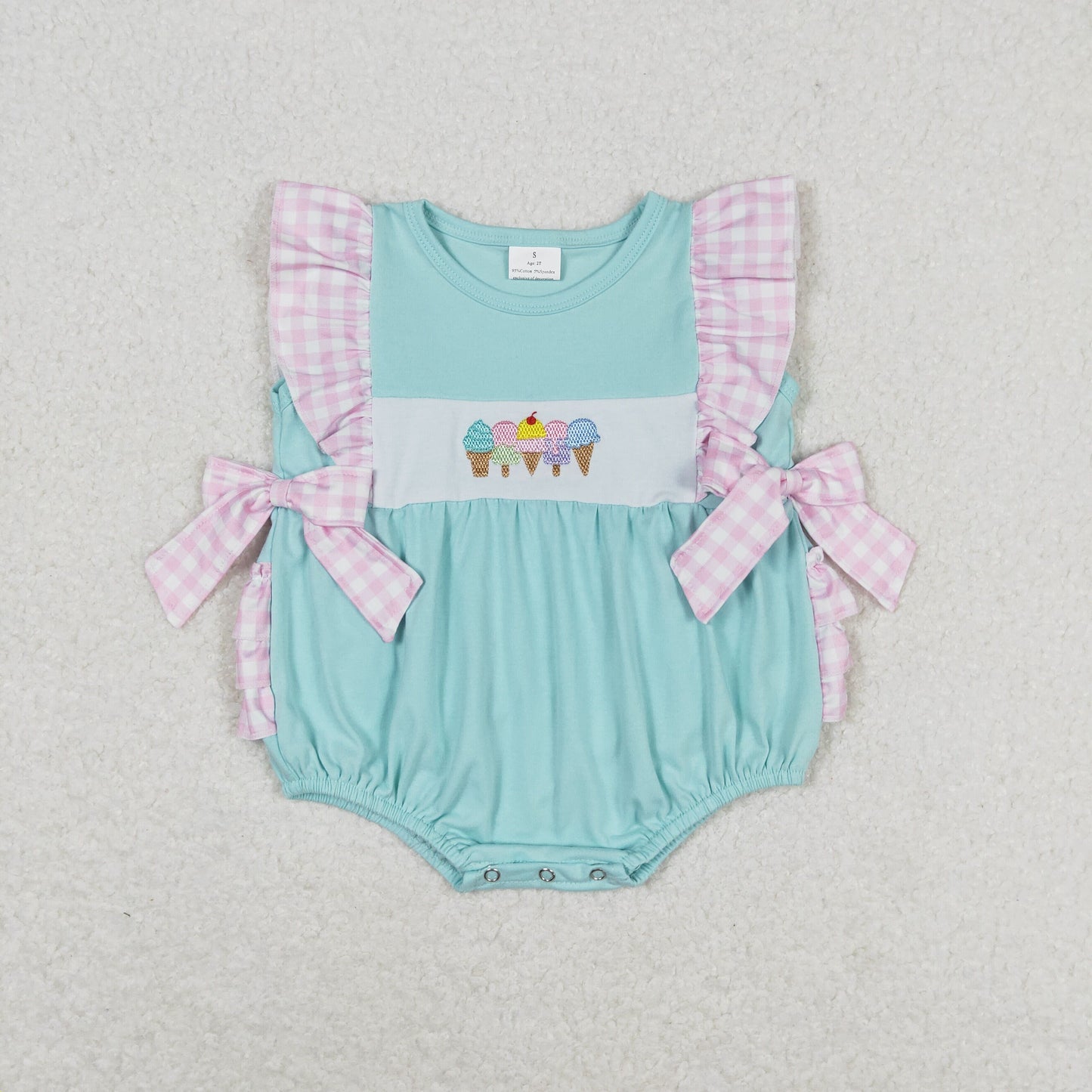 Baby Girl Plaid Short Sleeves Embroidery Popsicles Blue Romper