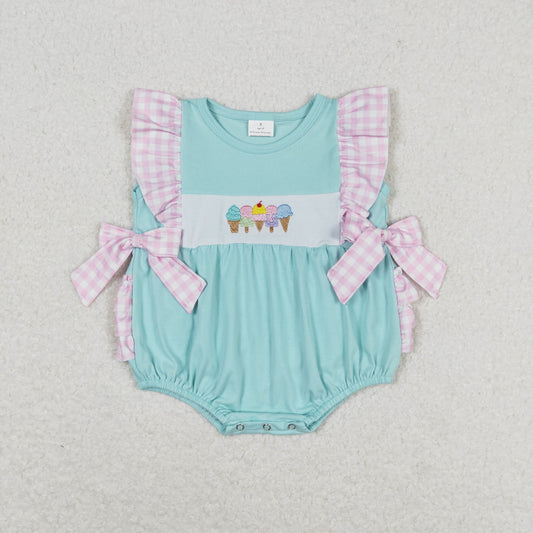 Baby Girl Plaid Short Sleeves Embroidery Popsicles Blue Romper