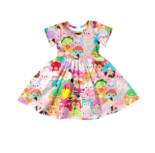 Moq 5 Pre-order Baby Girl Short Sleeves Cartoon Animals Summer Dress