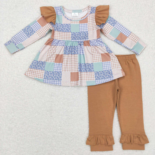 GLP0910 Baby Girl Long Sleeves Patchwork Tunic Cotton Pants Plaid Floral Outfit