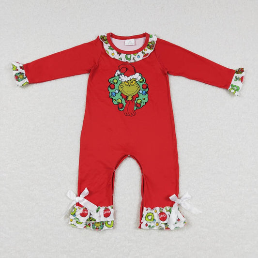 LR0578 Baby Girl Christmas Red Long Sleeves One Piece Face Romper