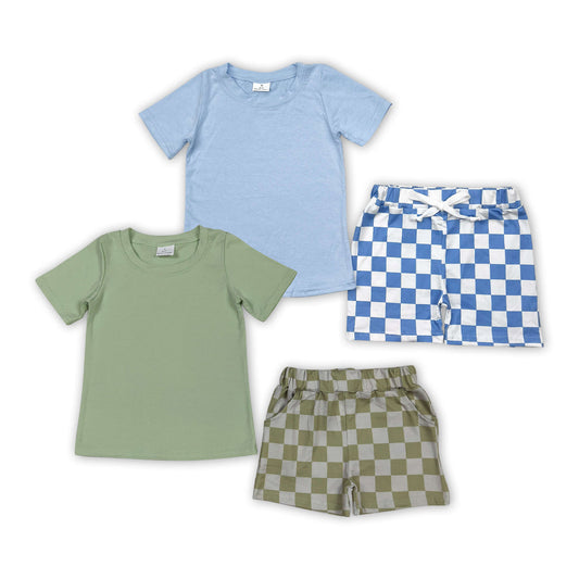 Baby Boy Toddler Short Sleeves Cotton Shirt Checked Pockets Shorts Sibling Set RTS