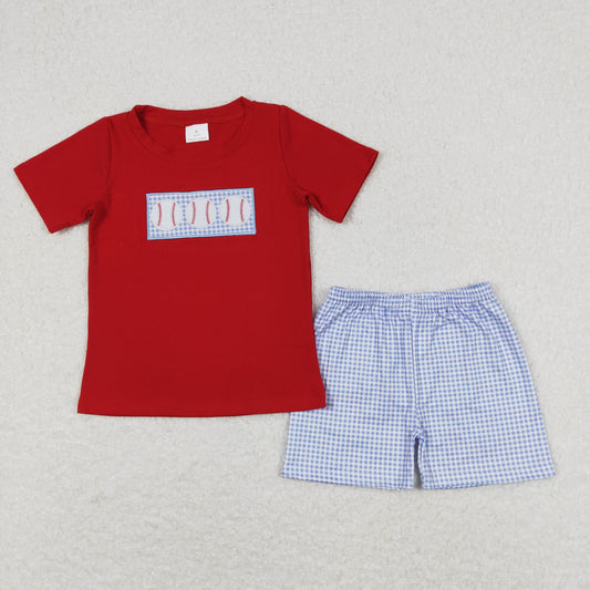 Baby Boy Short Sleeves Embroidery Baseball Cotton Shirt Blue Plaid Shorts Set