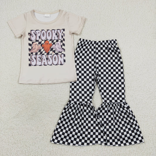 Baby Girl Halloween Spooky Ghost Shirt Checkered Bell Pants Outfit