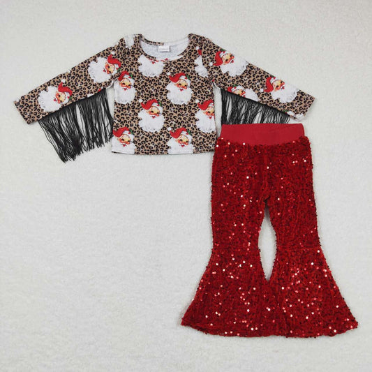 Baby Girl Tassel Christmas Santa Tops Red Sequins Pants Outfit