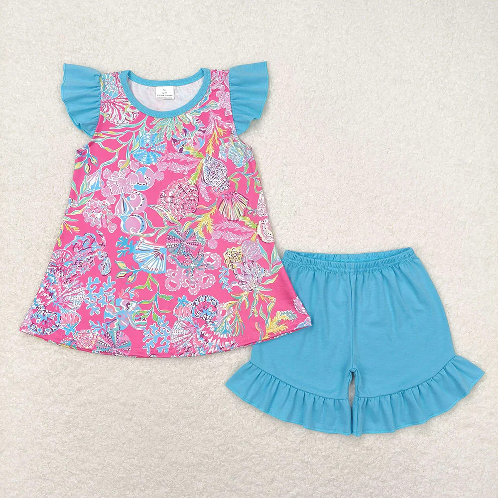 Baby Girl Short Sleeves Shells Tops Blue Cotton Shorts Set