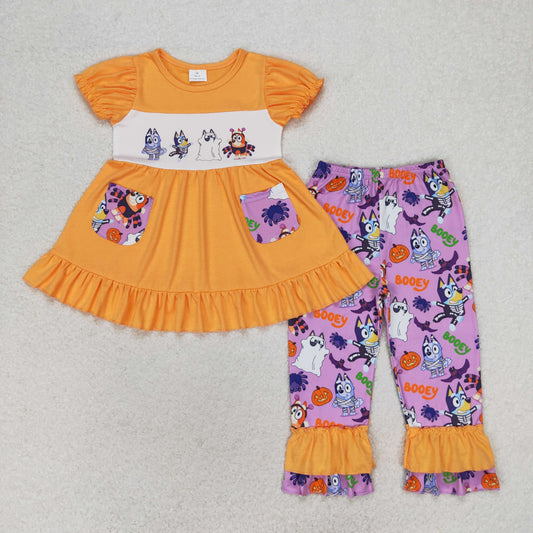 Baby Girl Halloween Pocket Orange Tops Dogs Pants Set