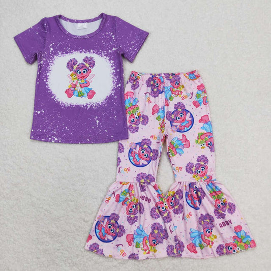 Baby Girl Short Sleeves Purple Shirt Bell Pants Cartoon Set