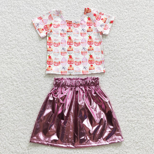 Baby Girl Summer Short Sleeves Cupcake Pink Pleather Skirt Outfit
