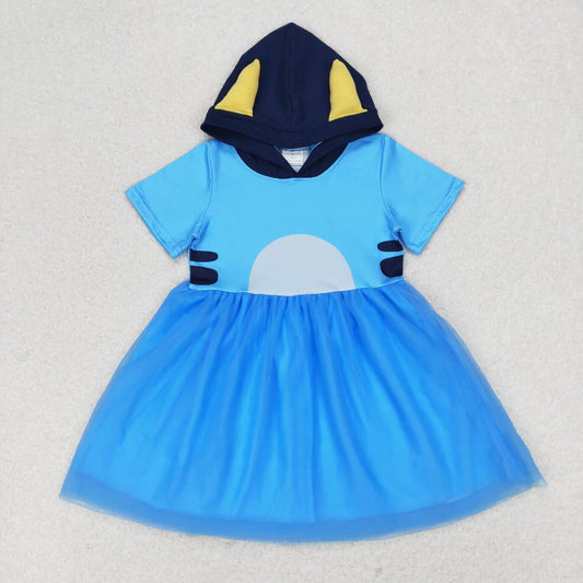 Baby Girl Short Sleeves Blue Dog Hoodie Tulle Dress