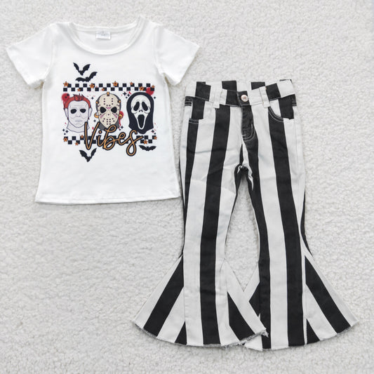 BT0222 Baby Boy Halloween Short Sleeves Top Shirt Striped Denim Pants Outfit