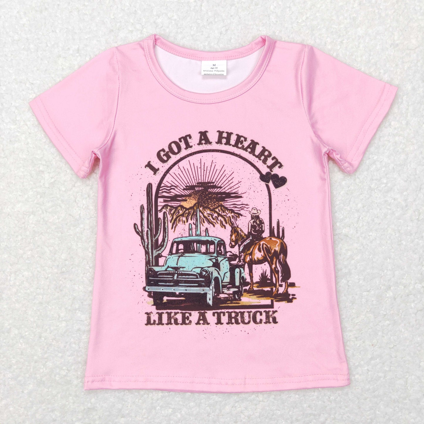 GT0401 Baby Girl Short Sleeves Valentines Truck Cactus Pink Shirt