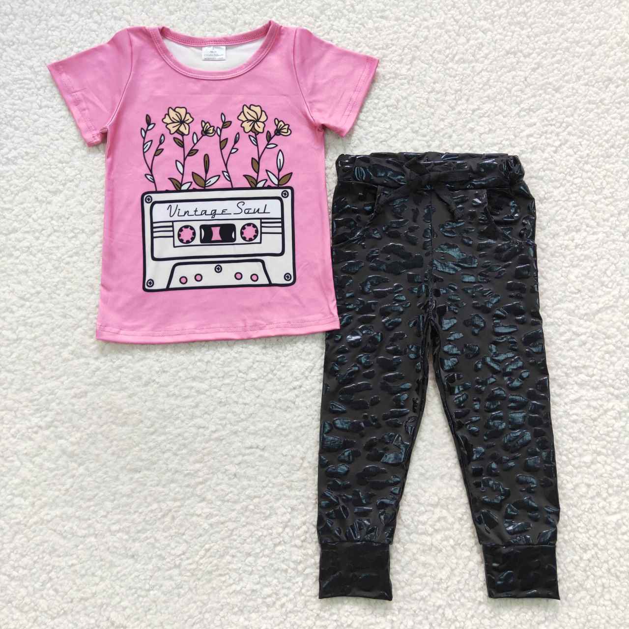 Baby Girl Short Sleeves Tape Floral Shirt Black Leather pants Outfit