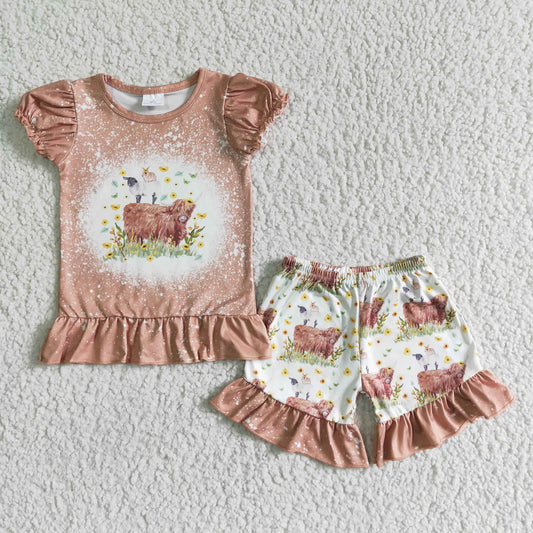 Promotion Baby Girl Short Sleeves Highland Cow Heifer Shirt Short Set