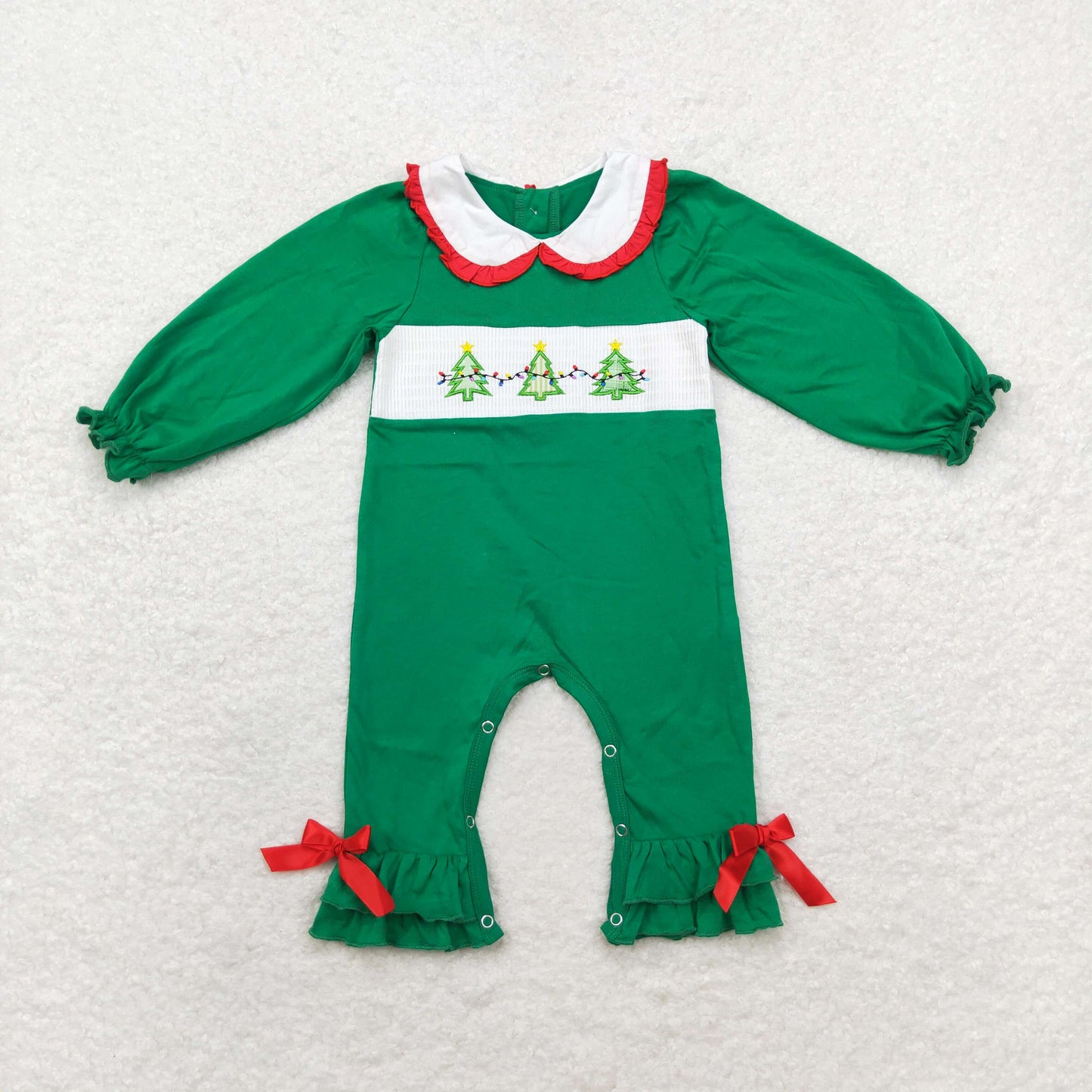 Baby Girl Christmas Embroidery Tree Light Green Romper