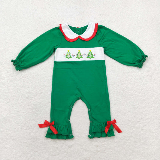 Baby Girl Christmas Embroidery Tree Light Green Romper