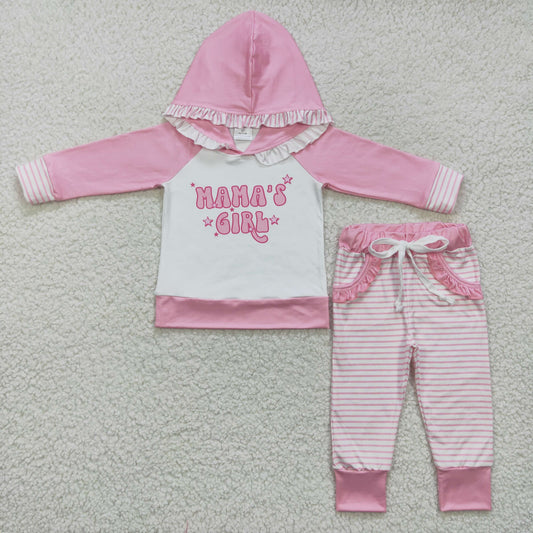 GLP0802 Pink Long Sleeves Mama's Girl Hoodie Shirt Pocket Stripes Pants Outfit