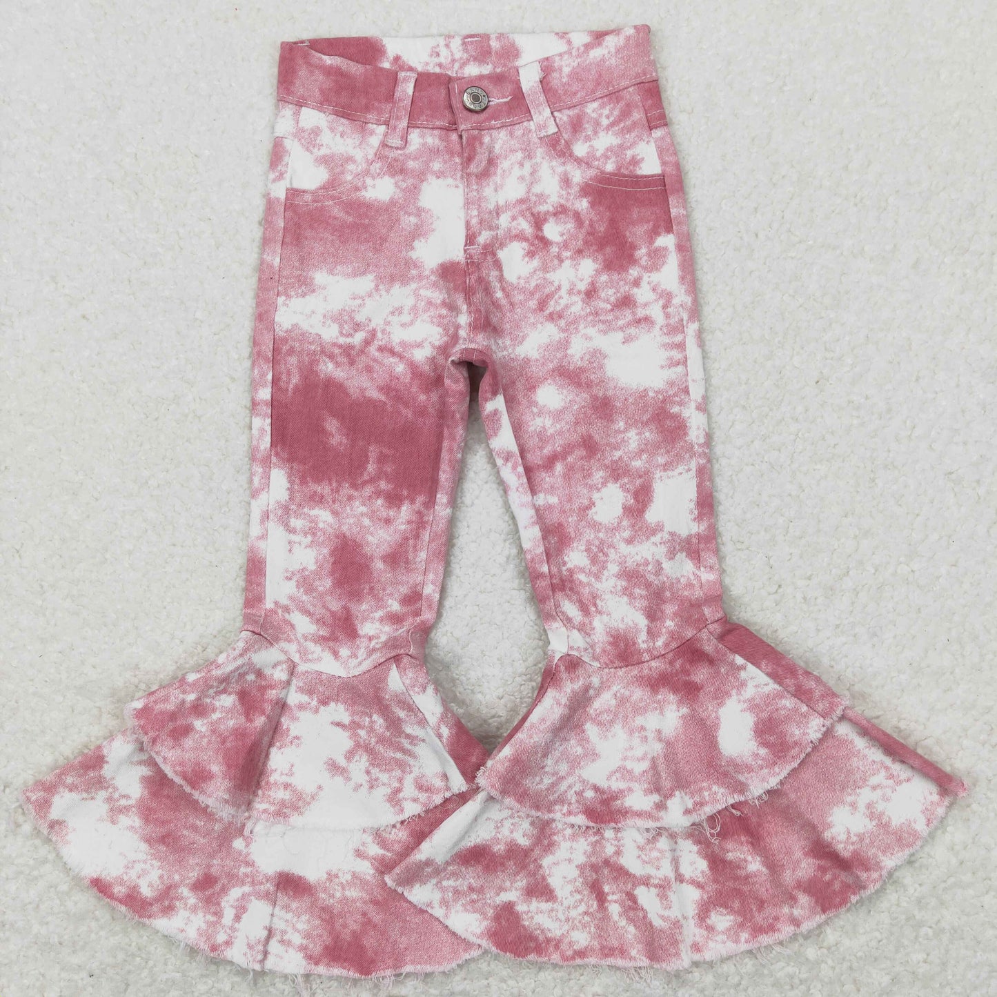 P0399 Baby Girls Pink Tie Dye Denim Double Ruffle Jeans Bell Pants