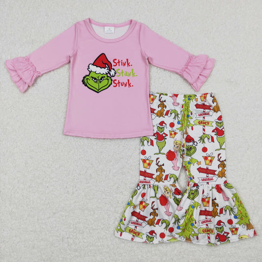 GLP0907 Baby Girl Christmas Long Sleeves Pink Face Bell Pants Outfit