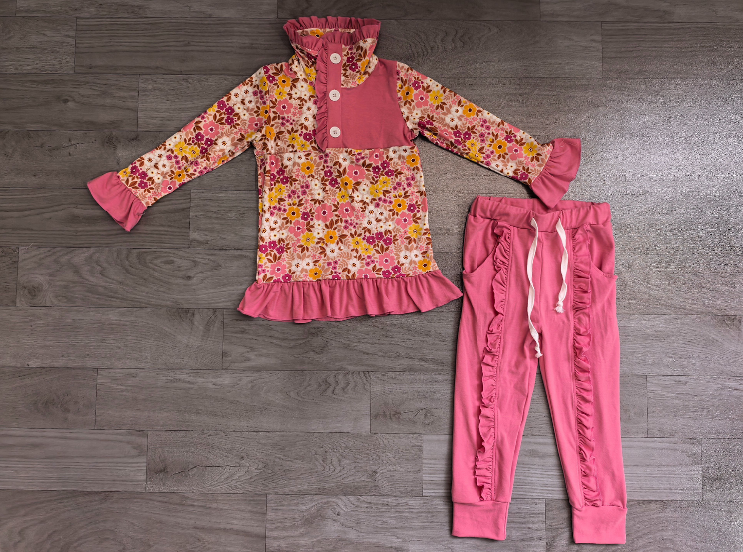 ( No moq ) Preorder Baby Girls Kids Long Sleeves Flower Buttons Pullover Pockets Pink Pants Set Clothes