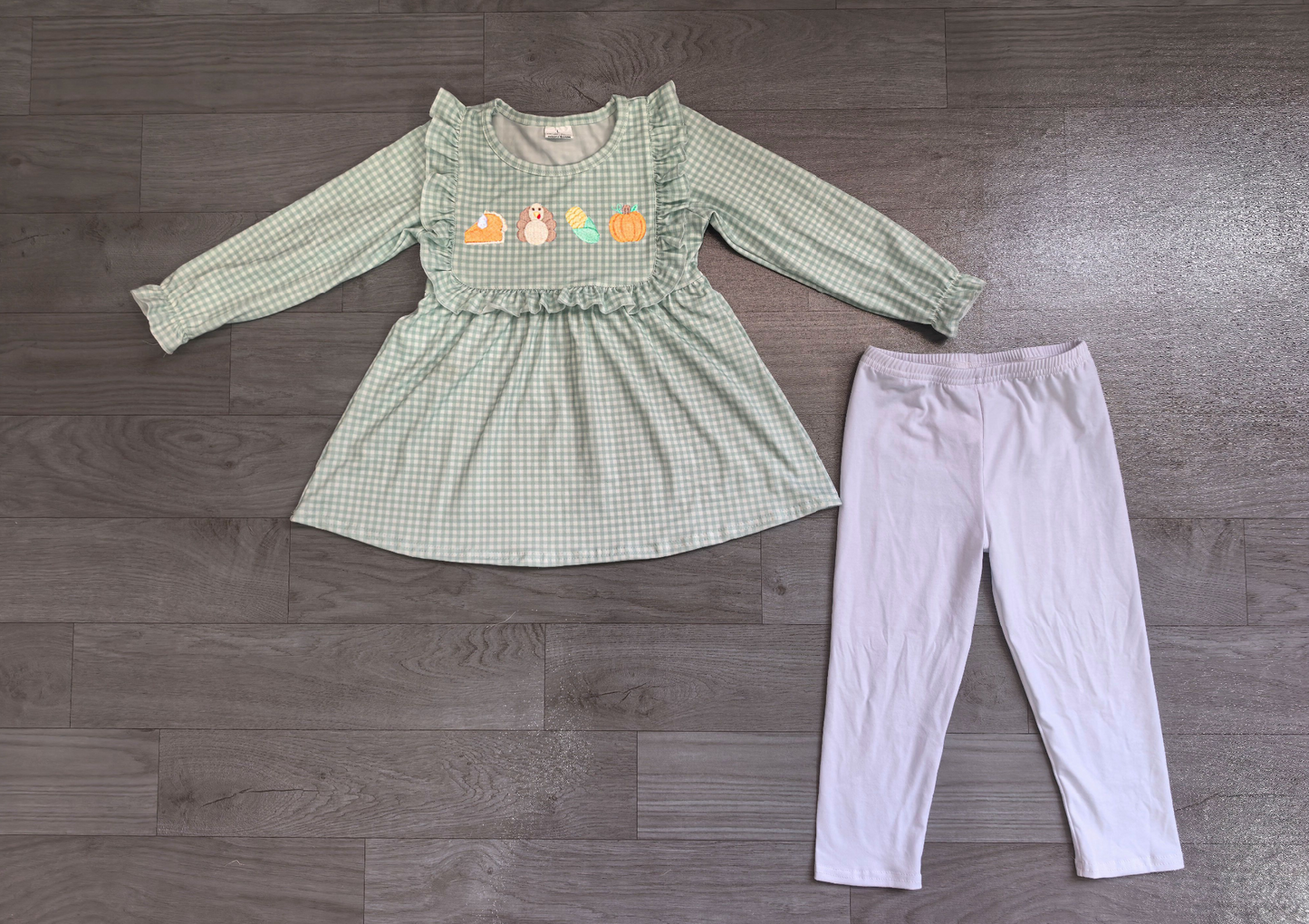 ( No moq ) Preorder Baby Girls Kids Embroidery turkey Pumpkins Tunic Pants Fall Set Clothes